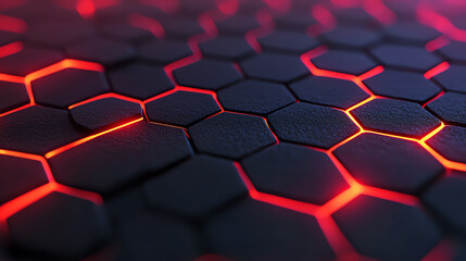Obraz premium Close-up view of a hexagonal pattern with glowing red lines, showcasing a modern and futuristic design element for digital backgrounds and tech themes.