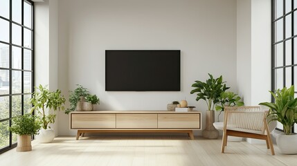 Modern Living Room with Green Plants and TV