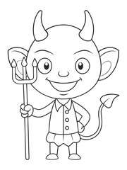 Adorable devil character with a trident, perfect for Halloween coloring activities for children