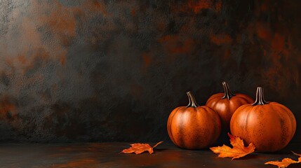 Autumn Pumpkins with Leaves on Rustic Background