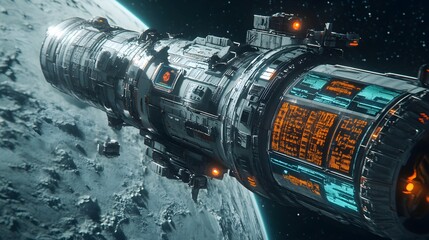 A futuristic spacecraft with rotating outer rings that generate artificial gravity, orbiting a nearby moon, with digital displays of scientific data floating beside it