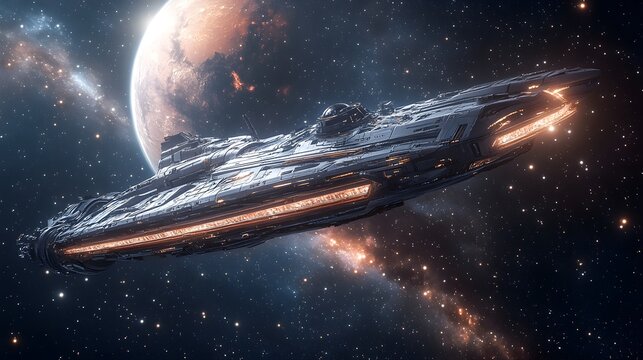 A futuristic spacecraft with massive rotating rings, using centrifugal force to generate gravity, stars and planets visible in the background