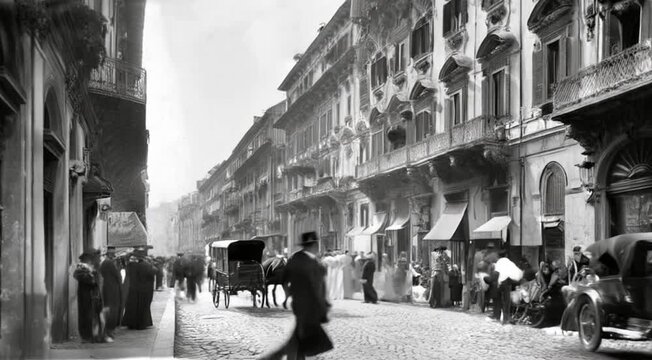 Exploring a bustling street in early 20th century Italian city with horse-drawn carriages