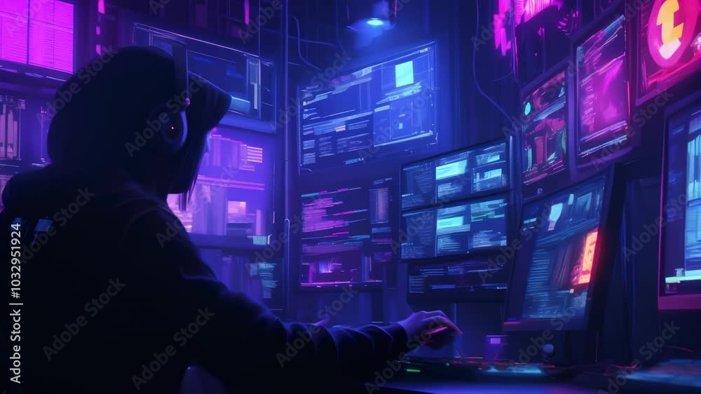Poster Coder deeply focused on coding in a dimly lit room with multiple monitors and lines of code
