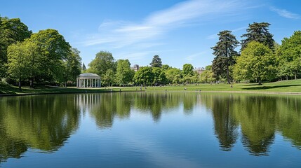 Fototapeta premium Tranquil Park Scene with Reflective Water Surface
