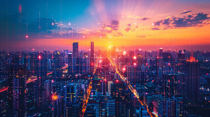 Fototapeta premium Minimalist digital cityscape featuring AI data lines overlaying modern buildings, illustrating the integration of artificial intelligence in shaping future urban environment