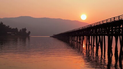 Obraz premium Serene Sunset Over a Peaceful Wooden Pier