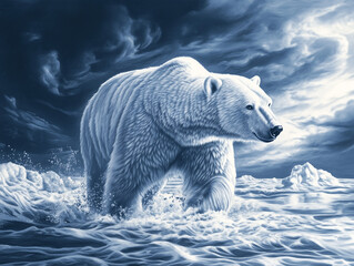 Fototapeta premium Chilly Blue and White Charcoal Shades Capture a Roaming Polar Bear