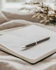 Pen Resting on Open Notebook with Blank Pages