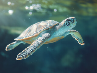 Fototapeta premium Underwater Serenity: A Serene Turtle Underwater in Realistic Pastel Tones