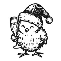 baby chick holding a champagne glass, happy new year chicken sketch