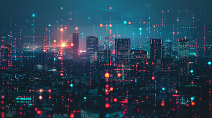 Obraz premium Minimalist digital cityscape featuring AI data lines overlaying modern buildings, illustrating the integration of artificial intelligence in shaping future urban environment