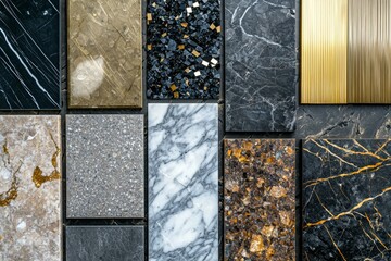 A collection of different colored tiles, including black, gold, and white