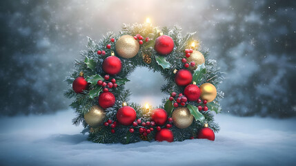 A festive Christmas wreath adorned with red and gold ornaments, set against a snowy backdrop.