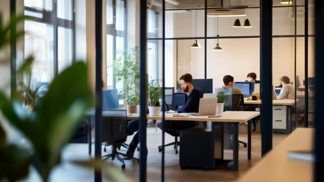 Programmers concentrating on their work developing new software in a modern open plan office, visible through glass partitions