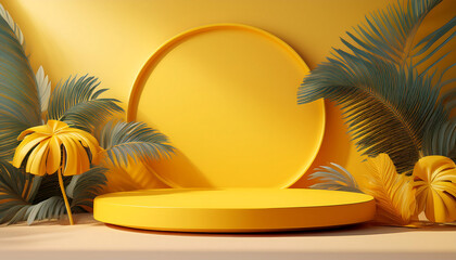 Obraz premium Blank yellow display on vivid summer background with minimal style. Blank stand for showing