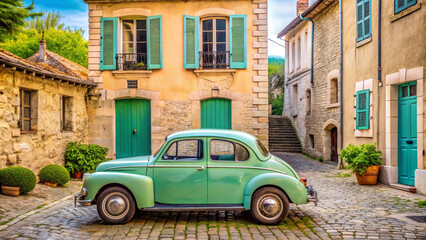 Obraz premium A mint-colored retro car stands in the middle of an urban Mediterranean courtyard between yellow buildings. The concept of travel.