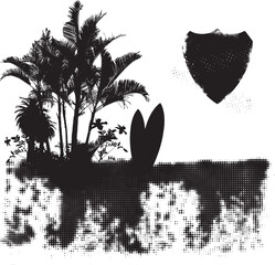 surf halftone scene with palms table and hibiscus