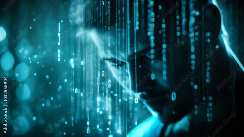 Aufkleber Software developer is surrounded by falling binary code, representing the immersive nature of programming and the flow of digital information