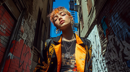 Obraz premium Young woman with vibrant hair poses confidently in an urban alley adorned with street art on a sunny day