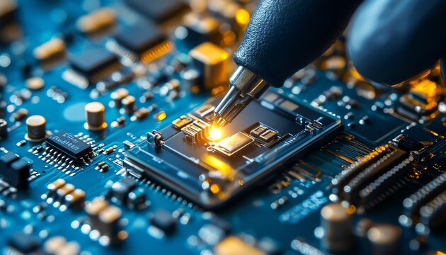 An engaging scene of a technician carefully fixing intricate smartphone components, highlighting attention to detail and technical proficiency in electronic repair