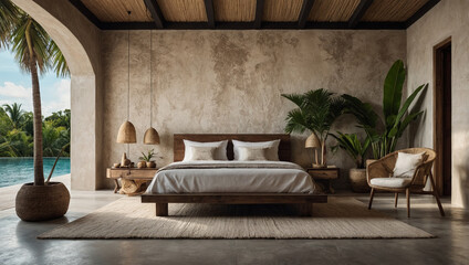 Tulum style summer bedroom with textured plastering on the walls and exotic palm trees