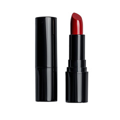 Obraz premium Elegant red lipstick in sleek black case on a transparent background