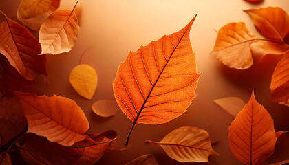 A single orange leaf with pronounced veins and jagged edges in sharp focus, floating among 