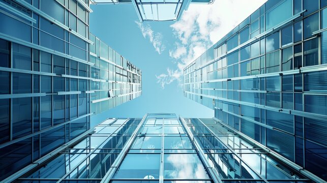 Modern building in aluminum siding and flat angled roofline and front windows.