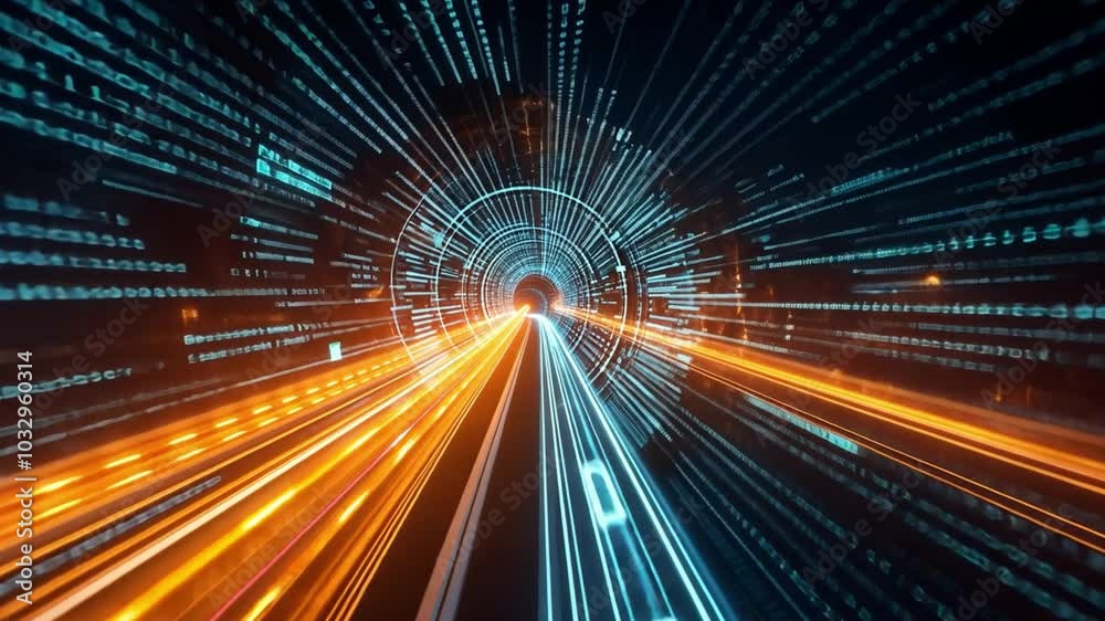Leinwandbilder bright blue and orange lights create an abstract illustration of digital information rushing through