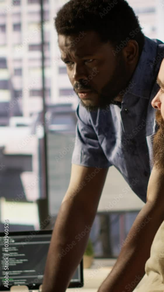 Poster vertical video manager correcting programmer mistakes while conducting code review to fix errors, id