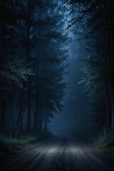 Fototapeta premium A mysterious foggy road at night surrounded by dense forest. The eerie atmosphere creates a sense of suspense and mystery.