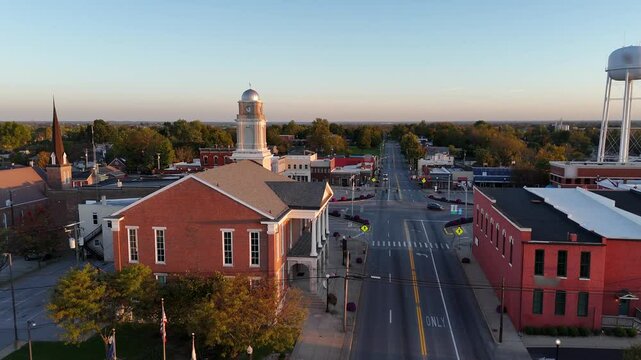 Drone footage capturing a flight over Stanford Street in Lancaster, Kentucky, passing by the old courthouse and the Garrard County Judicial Complex.