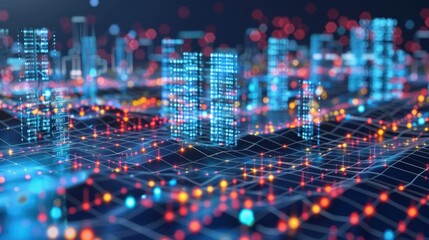 Futuristic cityscape with digital connectivity and data flow