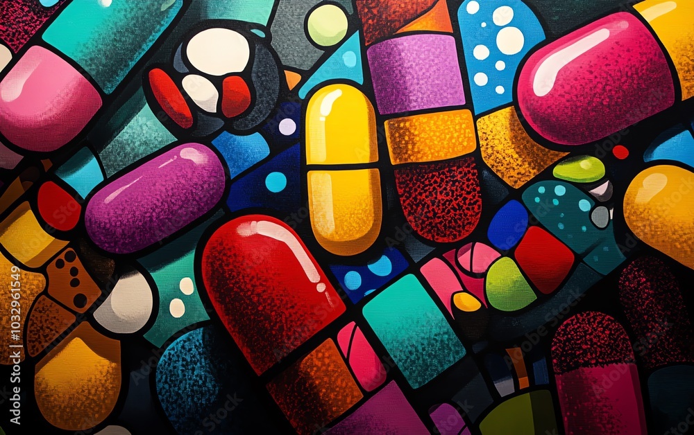 Poster cartoonstyle colorful pills spilling chaotically across a bold, contrasting background, creating a v