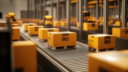 A conveyor belt transports multiple yellow boxes in a modern distribution center, showcasing efficient packaging and logistics operations.