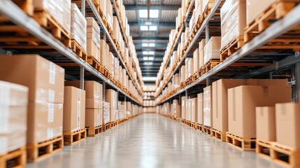 A spacious warehouse filled with neatly stacked boxes on wooden pallets, showcasing an organized storage system.
