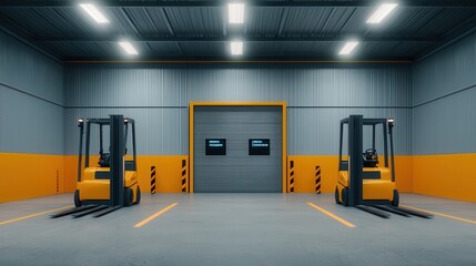 A modern warehouse interior featuring two forklifts lined up, with an orange accent wall and a large overhead door.