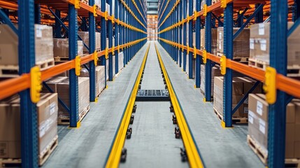Fototapeta premium A warehouse interior featuring organized shelving with boxes and a clear path for material handling equipment.