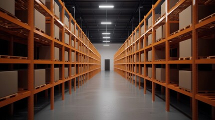 A modern warehouse interior with rows of orange shelving units lined with boxes, leading to a door at the far end, illuminated by overhead lights.