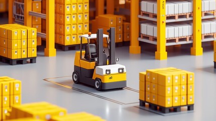 Naklejka premium A small forklift moves through a vibrant warehouse, surrounded by bright yellow boxes stacked neatly on shelves and pallets.