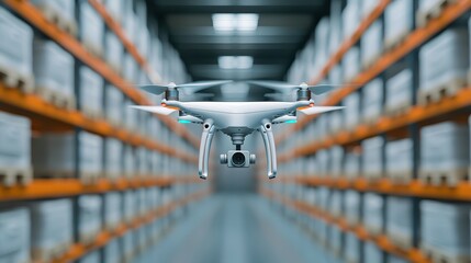 A drone hovers in a warehouse filled with neatly stacked boxes, highlighting the intersection of technology and logistics.