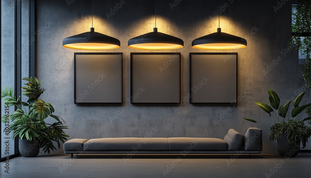 Wall mural 3d rendering of a modern gallery space with three empty frames on the wall, illuminated by sleek ove