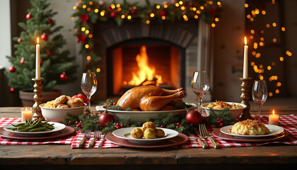 Festive Christmas Table with Roasted Turkey and Candles
