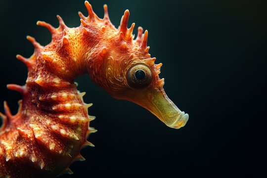 Mystic portrait of Big-belly Seahorse, copy space on right side, Close-up View, isolated on black background