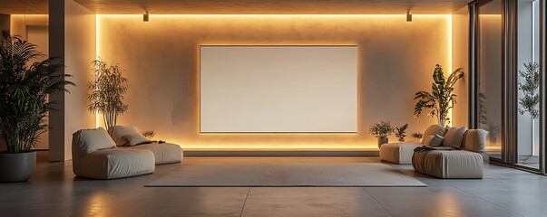 Elegant modern gallery wall showcasing a blank white canvas in a 3D rendering, illuminated by subtle spotlight lighting with a minimalist atmosphere