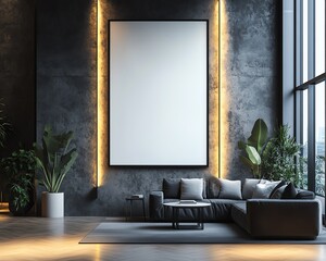 Sleek, contemporary gallery wall featuring a blank white canvas in a 3D rendering, with strategic spotlight lighting and minimalist decor