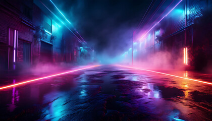  3D rendering old wet asphalt neon lights street with smoke on black background 