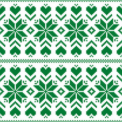 Traditional nordic star knit white green Vector Pattern. Retro fair isle pixelated knitting texture seamless pattern.