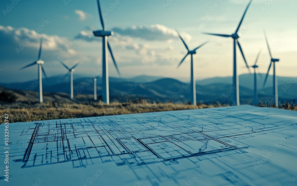 Poster closeup of a blueprint showing wind turbine specifications, set against a landscape dotted with wind